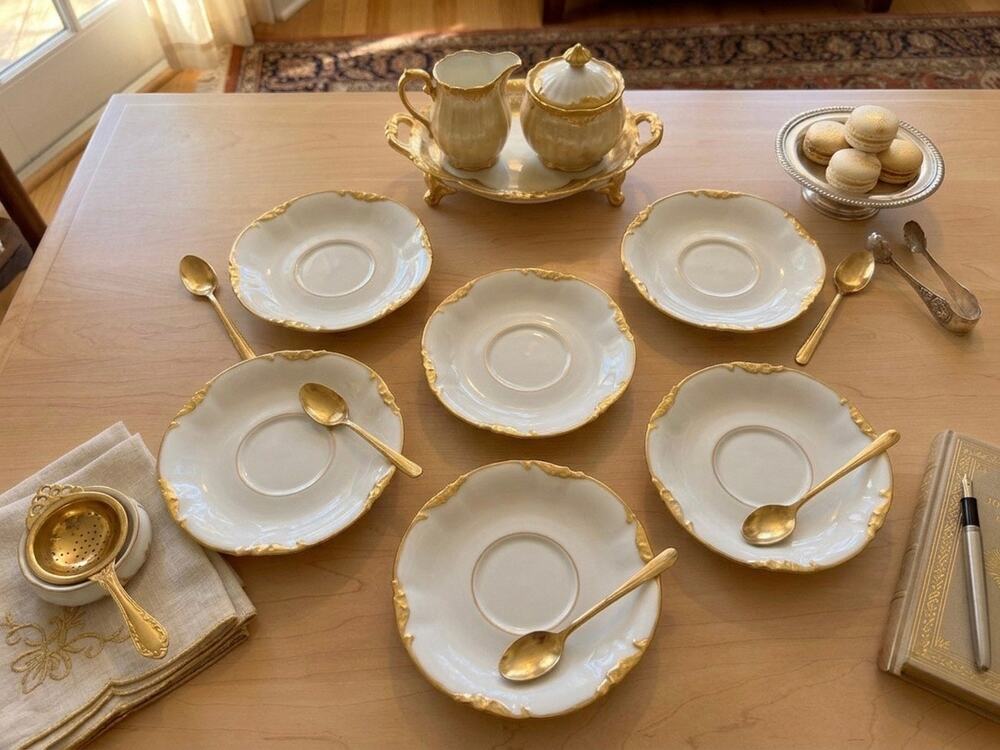 Antique Jean Pouyat Limoges French Porcelain Gold Gilt Saucer Plates - Set of 6